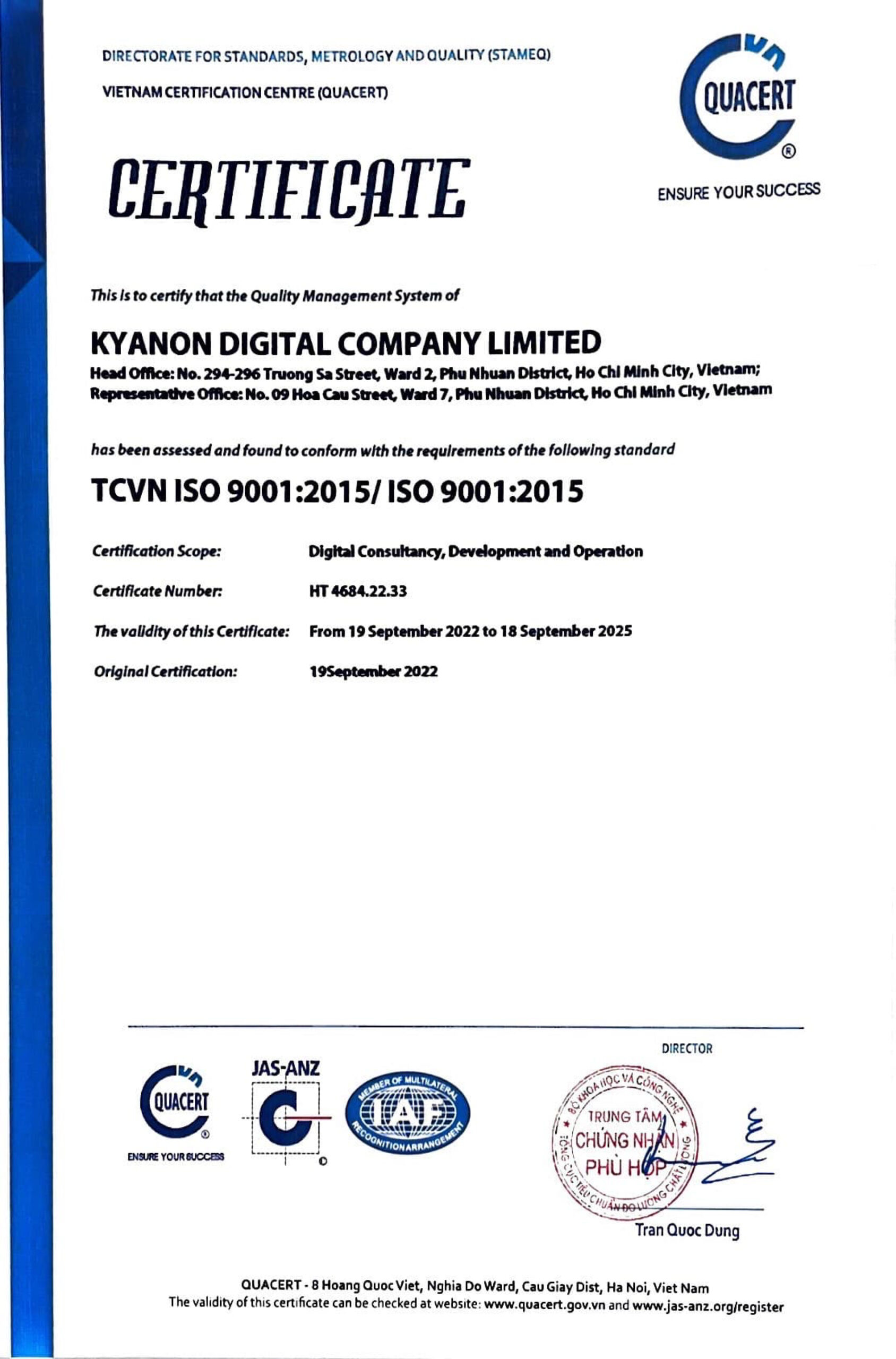 Kyanon Digital Đạt Chứng Chỉ ISO 9001: 2015 Từ Quacert