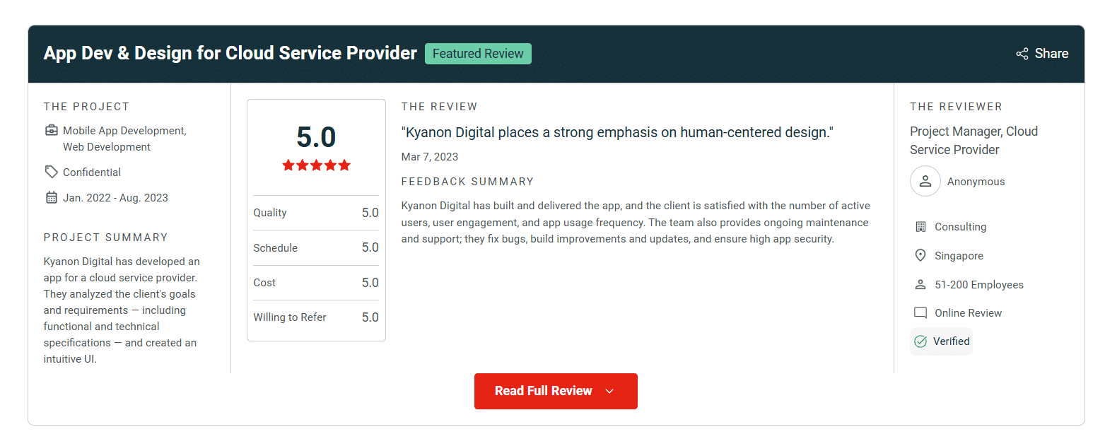 Clients’ reviews on Clutch profile of Kyanon Digital