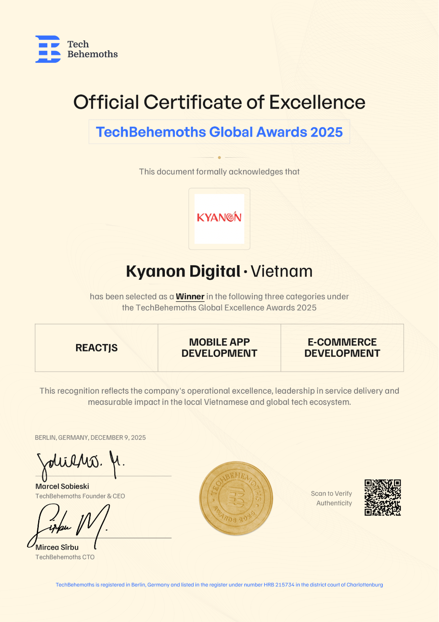Official certificate of Excellence of Kyanon Digital - TechBehemoths Global Awards 2025