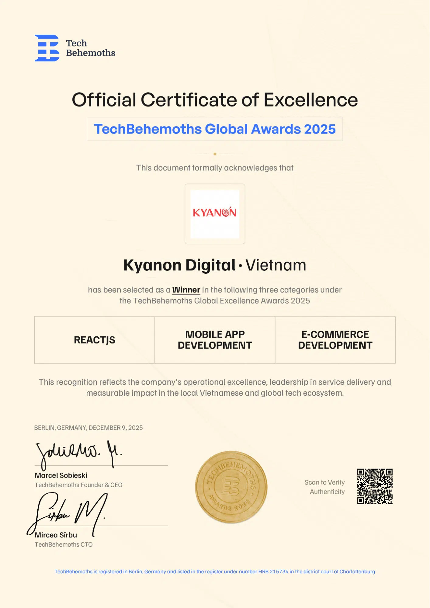 Official certificate of Excellence of Kyanon Digital - TechBehemoths Global Awards 2025