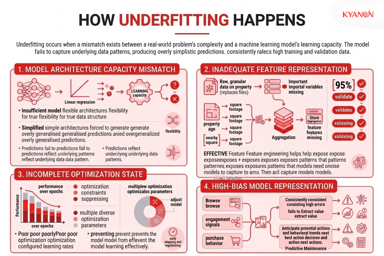 Comparison chart showing the difference between underfitting, balanced fitting, and overfitting in machine learning models.